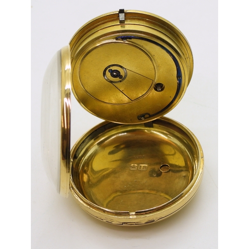 2903 - AN 18CT GOLD POCKET WATCHthe open face pocket watch has a gold coloured dial, numerals and blued ste... 