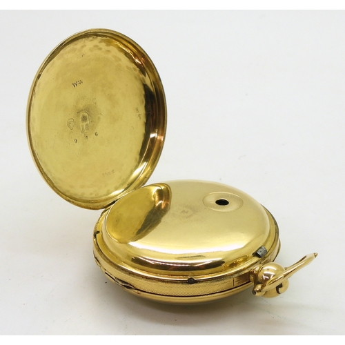 2903 - AN 18CT GOLD POCKET WATCHthe open face pocket watch has a gold coloured dial, numerals and blued ste... 