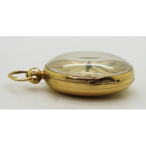 2903 - AN 18CT GOLD POCKET WATCHthe open face pocket watch has a gold coloured dial, numerals and blued ste... 