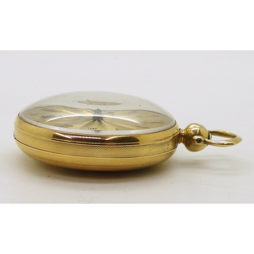 2903 - AN 18CT GOLD POCKET WATCHthe open face pocket watch has a gold coloured dial, numerals and blued ste... 