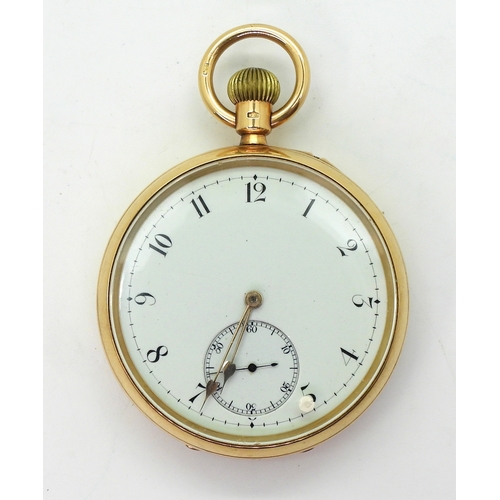 2905 - AN 18CT POCKET WATCHin the open face style, with a plain white enamel dial with black Arabic numeral... 