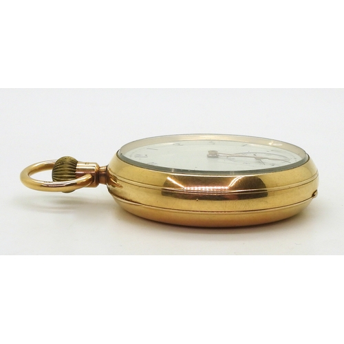 2905 - AN 18CT POCKET WATCHin the open face style, with a plain white enamel dial with black Arabic numeral... 