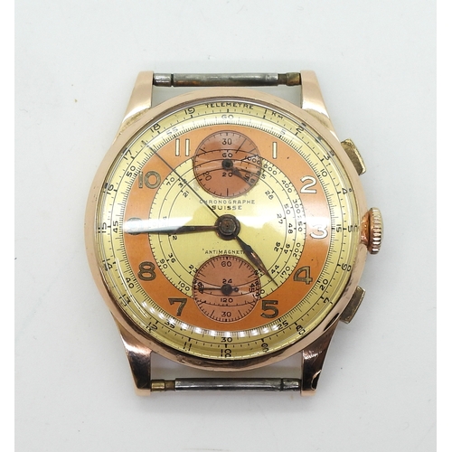 2906 - A CHRONOGRAPHE SUISSE WATCHin 18ct gold with Swiss hallmarks. Interesting yellow and orange two tone... 