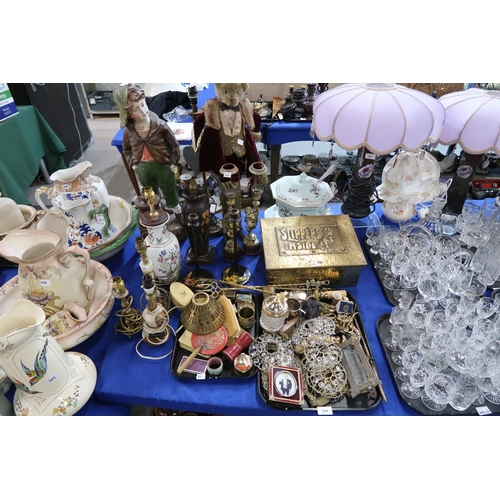 304 - A brass slipper box with Louis Wain style decoration, assorted other brass, photograph frames, ... 