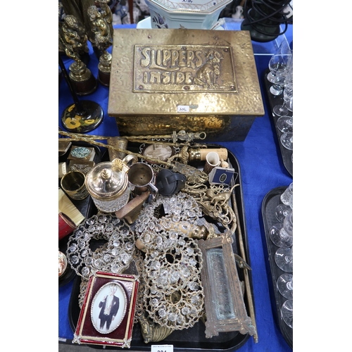 304 - A brass slipper box with Louis Wain style decoration, assorted other brass, photograph frames, ... 