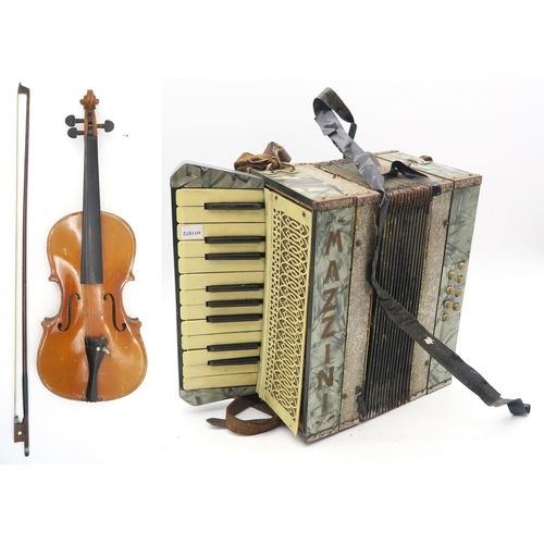 575 - An accordion by Mazzini, Germany, together with a Chinese student violin and associated bow (3)