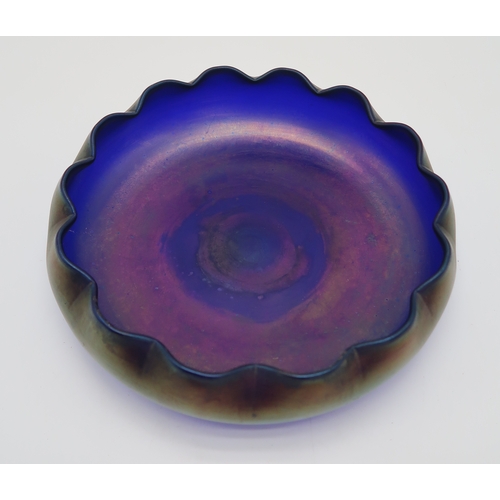 2178 - AN IRIDESCENT GLASS FRUIT BOWLwith scalloped rim, possibly WMF, 27cm diameter, together with a Frenc... 