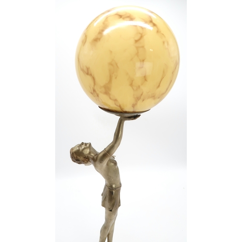 2183 - AN ART DECO GILDED SPELTER LADY LAMPmodelled standing on tiptoes, holding the glass ball shade aloft... 