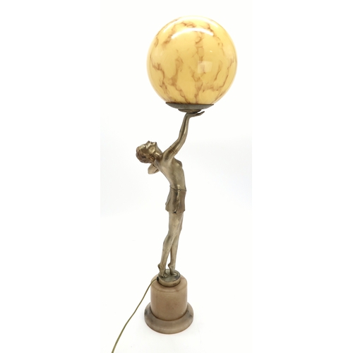 2183 - AN ART DECO GILDED SPELTER LADY LAMPmodelled standing on tiptoes, holding the glass ball shade aloft... 