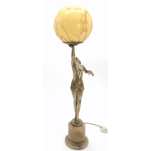 2183 - AN ART DECO GILDED SPELTER LADY LAMPmodelled standing on tiptoes, holding the glass ball shade aloft... 