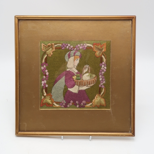 2198 - AN ARTS AND CRAFTS EMBROIDERED FRAMED PANELsewn in silks depicting a woman in medieval dress carryin... 