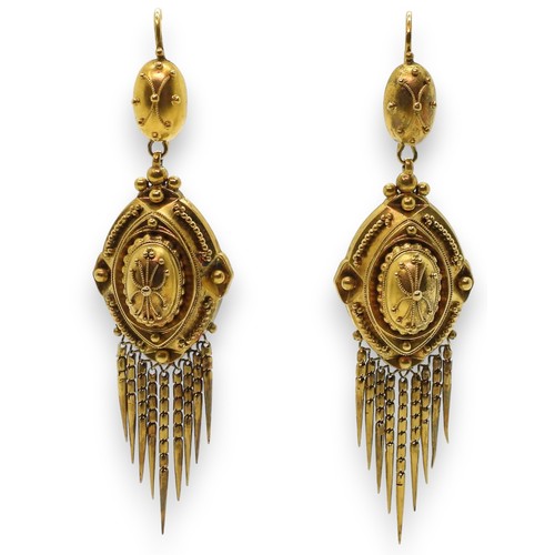 2720 - VICTORIAN TASSEL EARRINGSthe classic yellow metal Etruscan design earrings, are embellished with gra... 