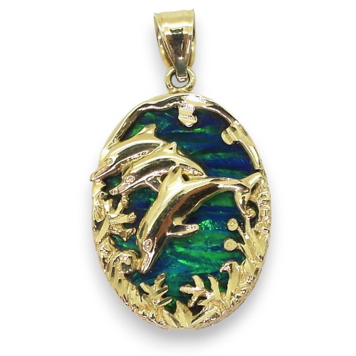 2722 - A 14K DOLPHIN PENDANTset with a large piece of man made opal of approx 2.4cm x 1.8cm, length of pend... 