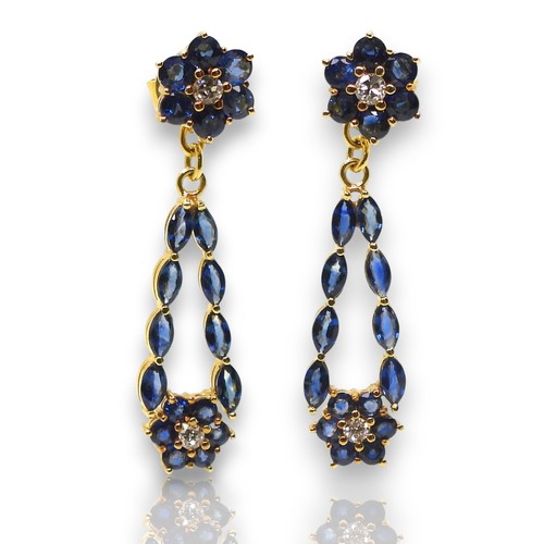 2727 - SAPPHIRE & DIAMOND FLOWER EARRINGSmade in  bright yellow metal and set with marquis and round cu... 