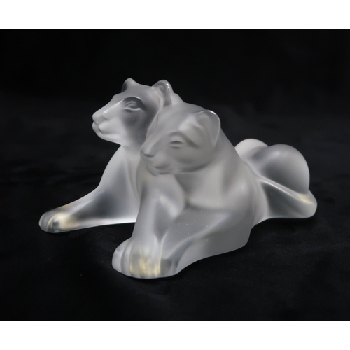 2205 - A LALIQUE CRYSTAL FIGURE OF LION CUBSin frosted clear glass, signed to base Lalique France, 11.5cm l... 