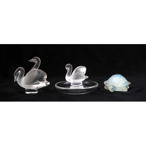 2208 - A LALIQUE SWAN RING OR PIN DISHa Lalique swan group and an opalescent model of a tortoise, all signe... 