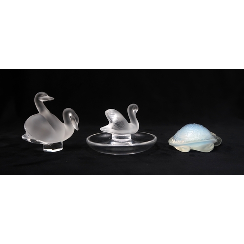 2208 - A LALIQUE SWAN RING OR PIN DISHa Lalique swan group and an opalescent model of a tortoise, all signe... 