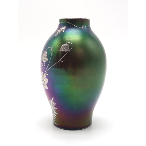 2214 - A LOETZ STYLE VASEof iridescent green over purple glass, overlaid with silver in the form of flowers... 