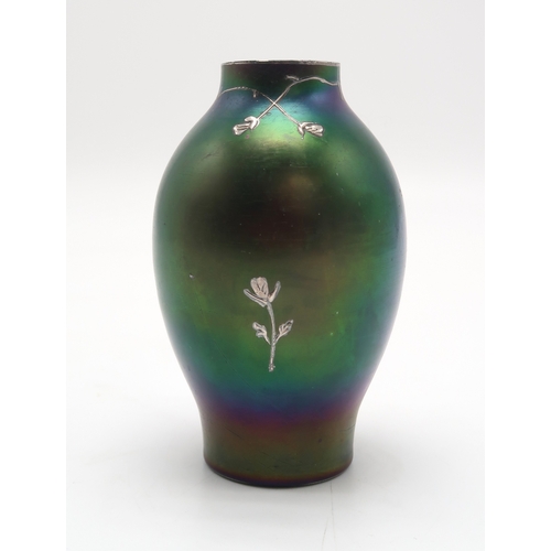 2214 - A LOETZ STYLE VASEof iridescent green over purple glass, overlaid with silver in the form of flowers... 