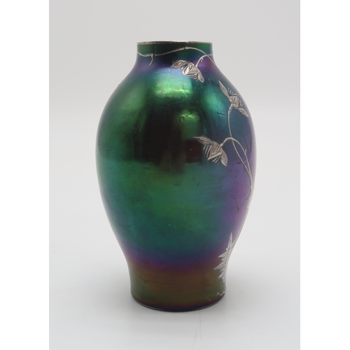 2214 - A LOETZ STYLE VASEof iridescent green over purple glass, overlaid with silver in the form of flowers... 