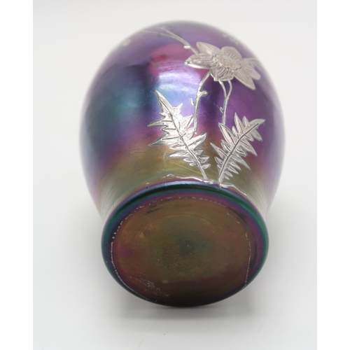 2214 - A LOETZ STYLE VASEof iridescent green over purple glass, overlaid with silver in the form of flowers... 