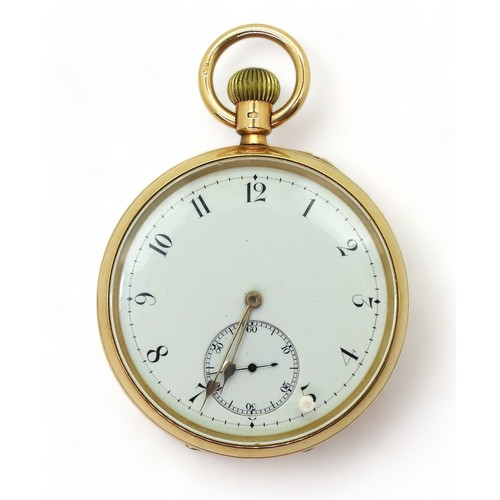 2905 - AN 18CT POCKET WATCHin the open face style, with a plain white enamel dial with black Arabic numeral... 