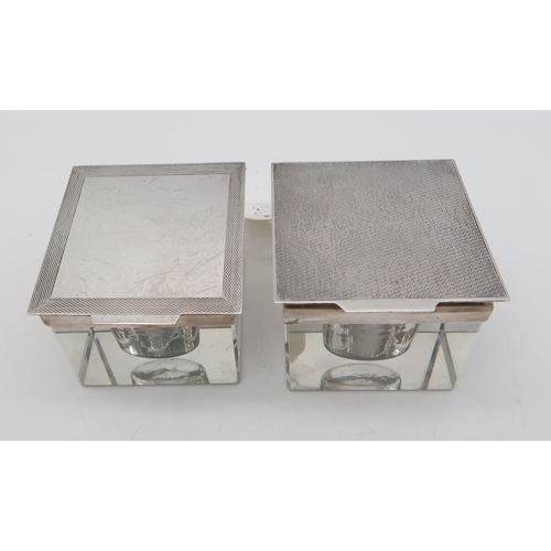 302 - Two Art Deco silver & glass inkwells, both by Deakin & Francis, Birmingham 1932, and a set o... 