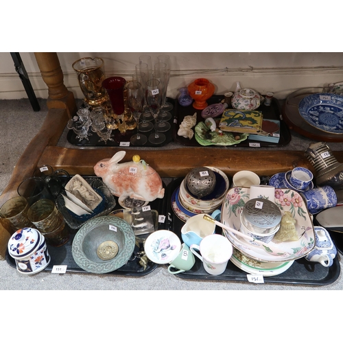 151 - A collection of assorted ceramics and glass, treen bowls, clock and other items