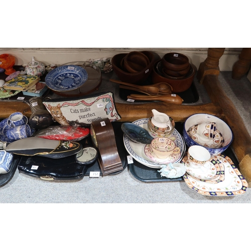 151 - A collection of assorted ceramics and glass, treen bowls, clock and other items