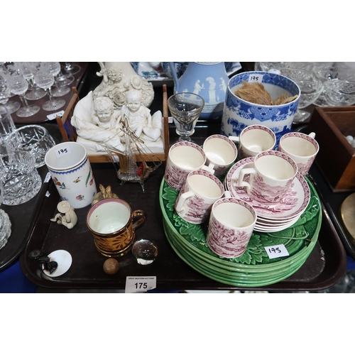 175 - Wedgwood red transfer coffee set, six green glazed cabbage ware plates, a Victorian stoneware marble... 