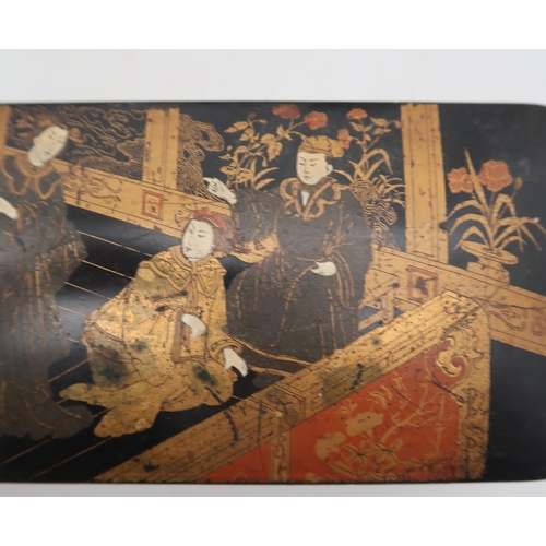 203 - A Japanese gilded lacquer box, of rectangular form, decorated with scenes from everyday life, a simi... 