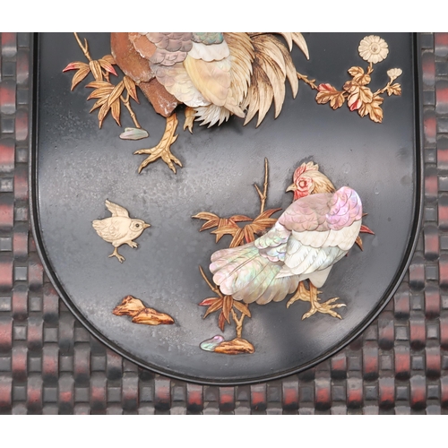 207 - A Japanese shibayama panel, depicting cockerels, inlaid with bone and mother of pearl, 47 x 35cm