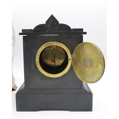 215 - An Edwardian wooden mantle clock with inlaid brass and mother of pearl detail, with Gustac Becker mo... 