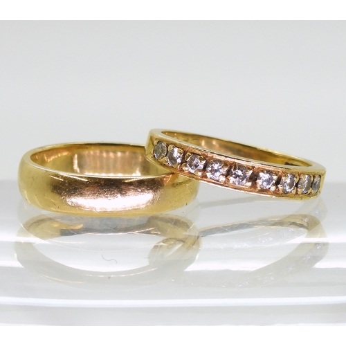 An 18ct gold eternity ring, set with estimated approx 0.30cts of brilliant cut diamonds, finger size M1/2, together with an 18ct gold wedding ring, size N1/2, weight together 6.7gms