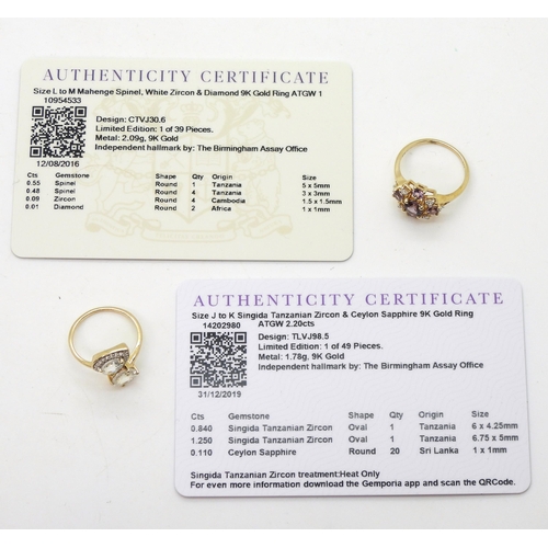 782 - A 9ct gold white sapphire and white zircon ring with GemsTV certificate, finger size K and a spinel ... 