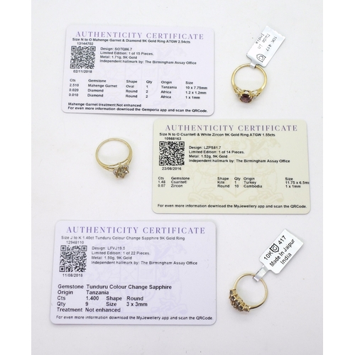 783 - Three 9ct gold rings, a colour change sapphire flower ring, with GemsTV certificate, finger size K a... 