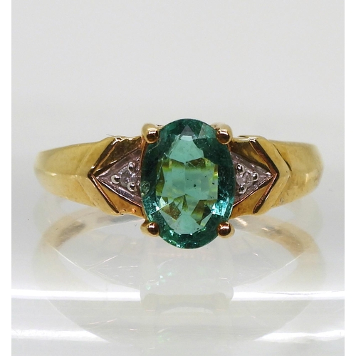 798 - A 9ct gold emerald and diamond accent ring, size N1/2, weight 2.8gms