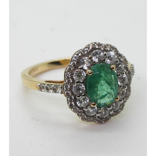 799 - A 9ct gold emerald and white zircon cluster ring, size O, weight 3.6gms