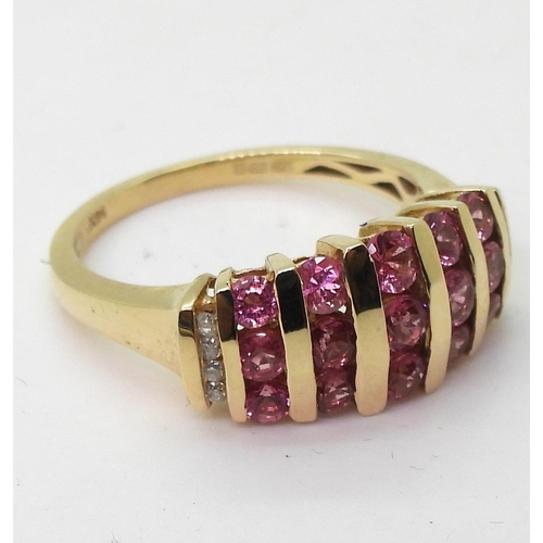 807 - A 14k gold pink tourmaline and diamond ring, size P, weight 4gms