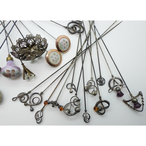 812 - A good collection of hatpins, to include eleven Charles Horner silver topped, Art Nouveau style, som... 