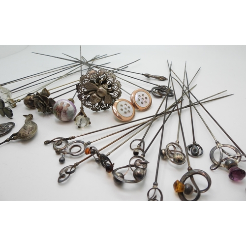 812 - A good collection of hatpins, to include eleven Charles Horner silver topped, Art Nouveau style, som... 