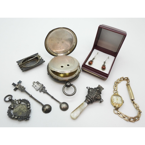 817 - A silver pocket watch with Chester hallmarks for 1905, a silver babies teether whistle Birmingham 19... 