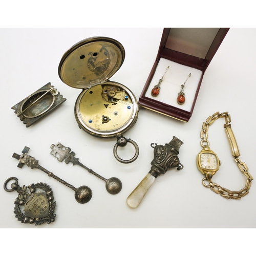 817 - A silver pocket watch with Chester hallmarks for 1905, a silver babies teether whistle Birmingham 19... 