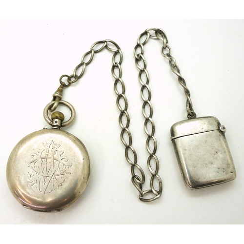 828 - A continental silver half hunter pocket watch with applied yellow metal and enamel chapter ring,the ... 