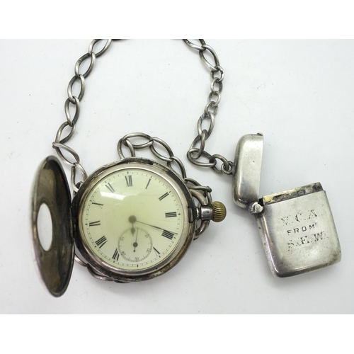 828 - A continental silver half hunter pocket watch with applied yellow metal and enamel chapter ring,the ... 