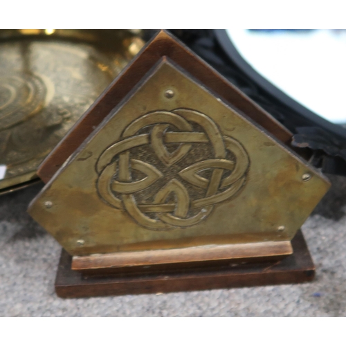 158A - A collection of brass and metal including a celtic knotwork letter rack, candlesticks, a table, teap... 