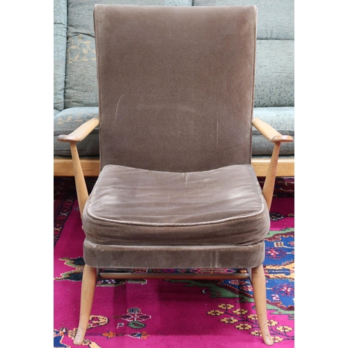 89 - A mid 20th century beech framed Ercol open armchair with brown velour upholstery, 85cm high x 68cm w... 