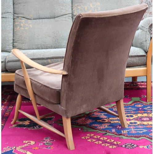 89 - A mid 20th century beech framed Ercol open armchair with brown velour upholstery, 85cm high x 68cm w... 