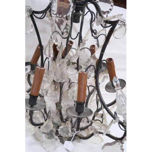 91 - An early 20th century French steel and cut glass six branch chandelier, approximately 85cm high