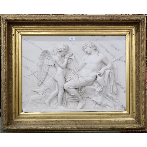 95 - A pair of 20th century gilt framed stoneware cast reliefs depicting classical scenes, 78cm high x 96... 